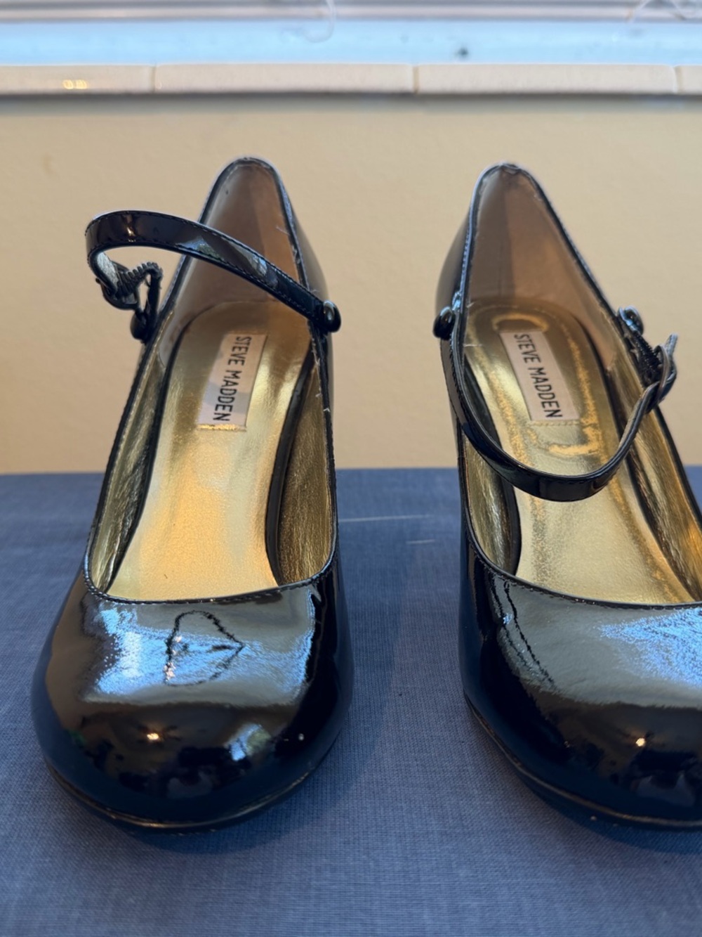 Steve Madden Black Patent Mary Jane Heels with Ankle Strap